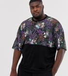 Asos Design Plus Oversized T-shirt With Contrast Floral Color Block Panel - Black
