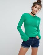 Asos Ribbed Sweater With Stitch Detail And Fluted Sleeve - Multi