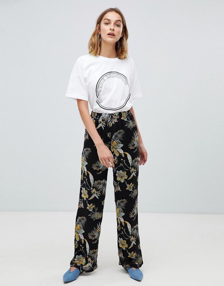 Gestuz Maui Floral Print Wide Leg Pants - Black