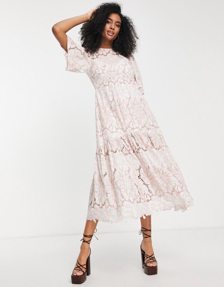 Asos Edition Floral Broderie Tiered Midi Dress With Contrast Stitch In Blush-pink