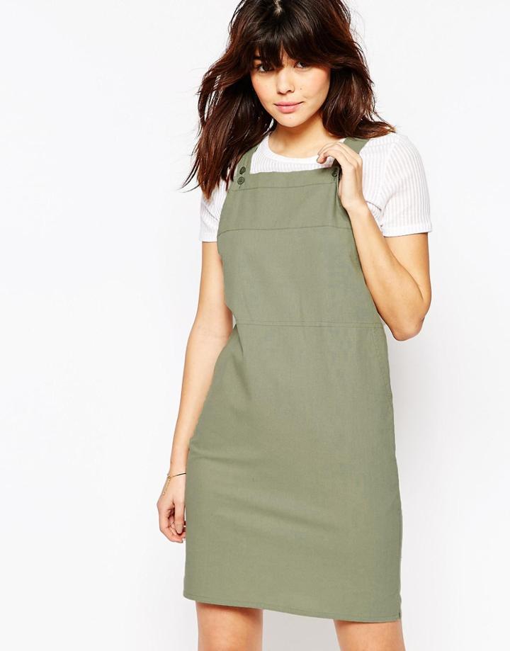 Asos Overall Dress In Natural Fibre - Green