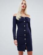 Outrageous Fortune Off Shoulder Long Sleeve Tuxedo Mini Dress In Navy - Navy