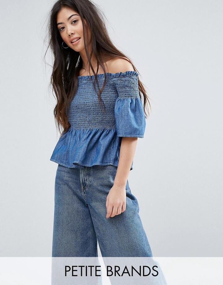 New Look Petite Peplum Chambray Bardot Top - Blue