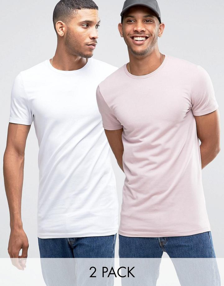 Asos 2 Pack Longline Muscle T-shirt In White/pink - Multi