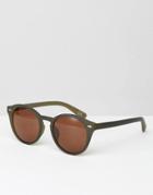 Asos Round Sunglasses In Matt Olive - Green
