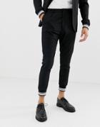 Solid Smart Suit Pants With Stripe Cuff Ankle In Black - Black