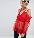 Lost Ink Petite Cold Shoulder Strappy Crop Top With Floral Lace Overlay - Red