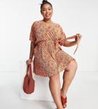 Asos Design Curve Plisse Wrap Dress With Short Sleeves In Orange Ditsy Floral-multi