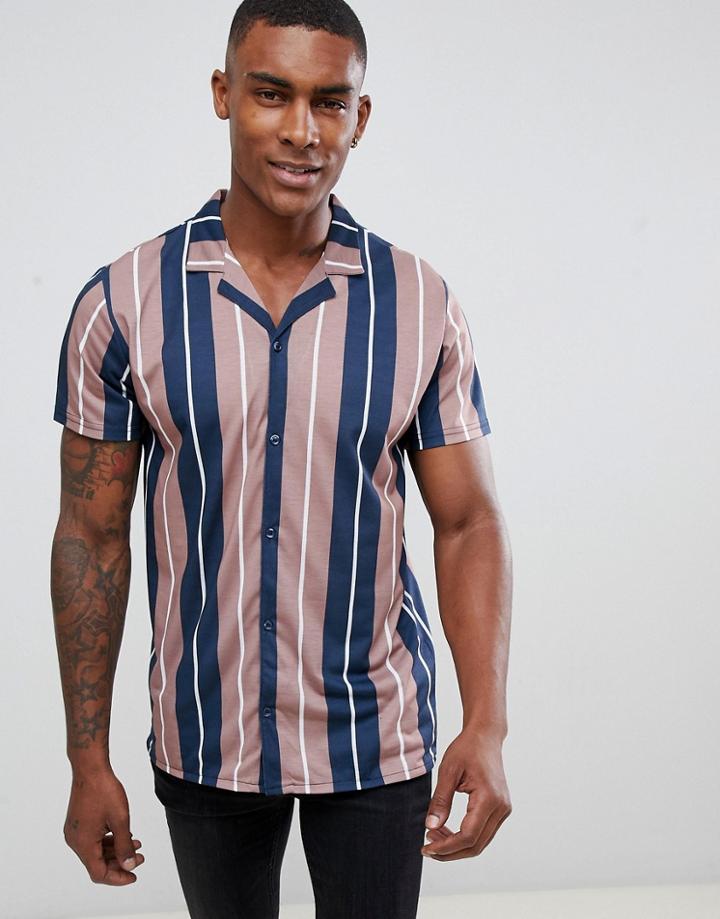 Boohooman Jersey Shirt In Tan Stripe - Tan