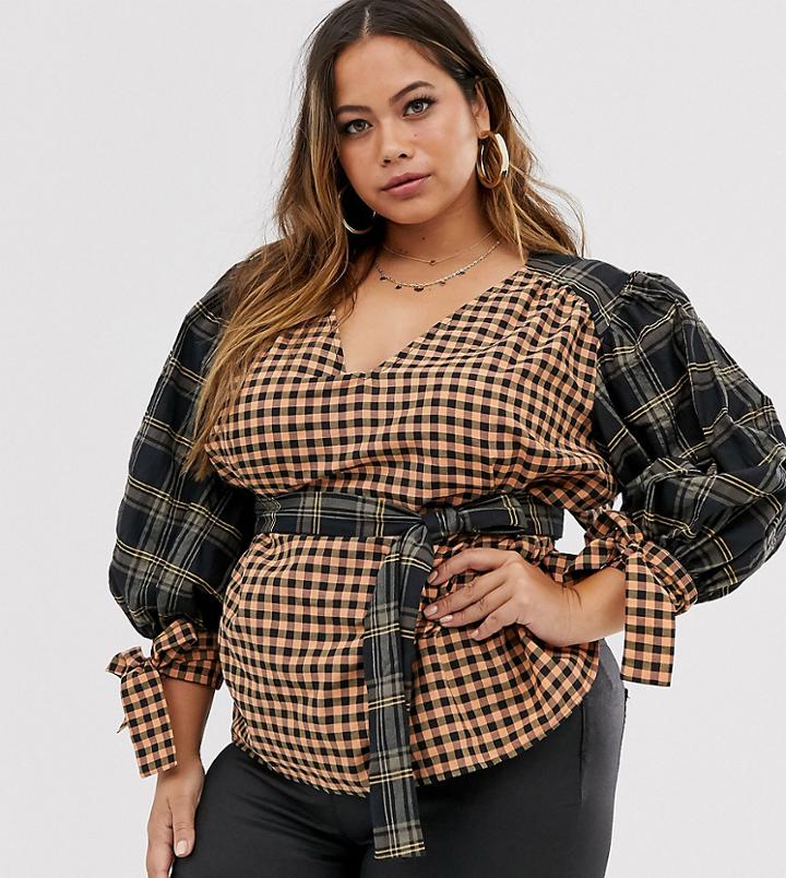 Asos Design Curve Long Sleeve V Neck Top With Belt Detail In Mixed Check Print - Clear