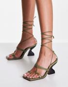 Asos Design Helix Strappy Tie Leg Heeled Sandals In Olive-green