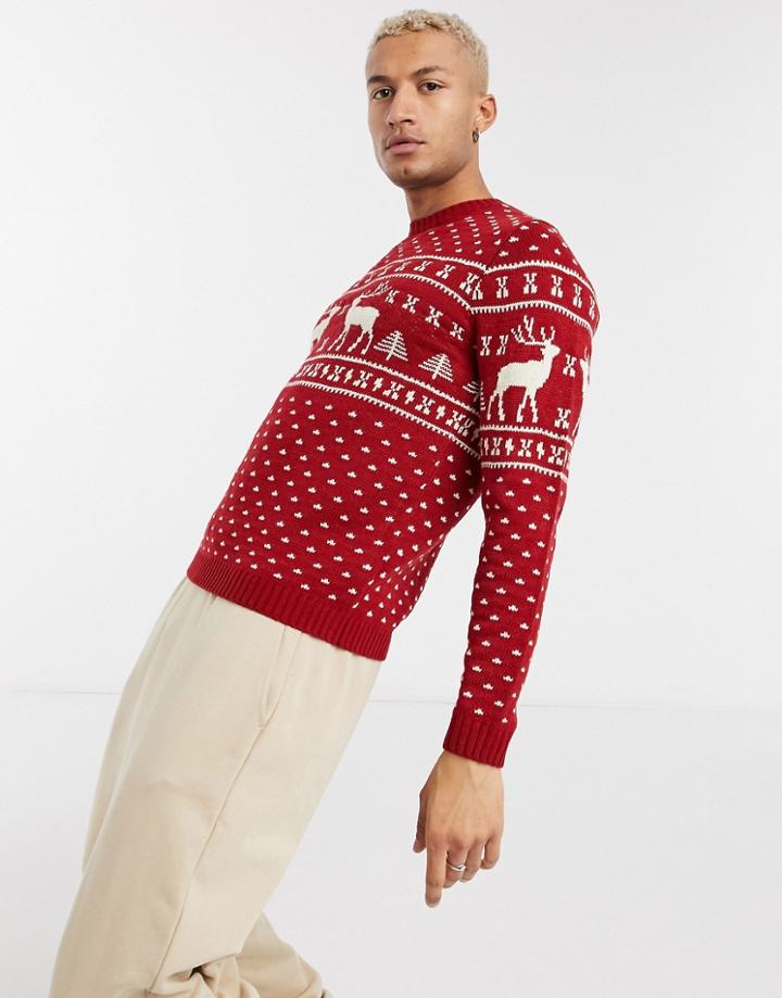 Asos Design Knitted Christmas Sweater In Red Reindeer Design