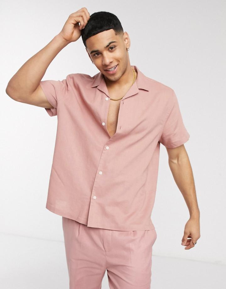 Asos Design Two-piece Linen Shirt With Revere Collar In Pink
