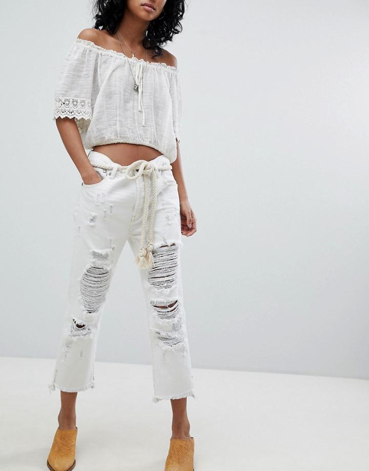 One Teaspoon Hooligans Low Waist Relaxed Straight Leg Jean With Rips - White