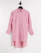 Topshop Check Oversized Step Hem Shirt In Pink And Red