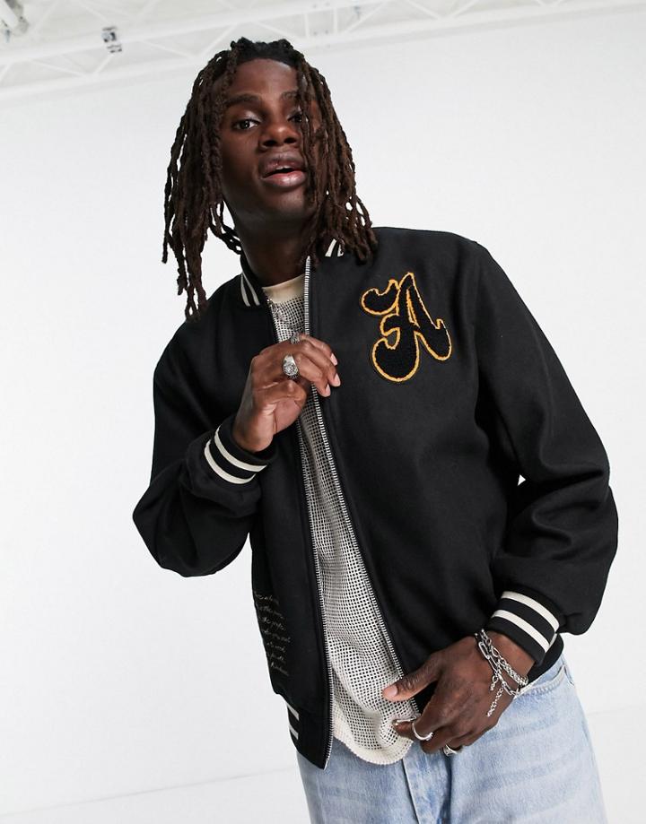 Asos Design Oversized Wool Mix Varsity Jacket With Embroidery In Black