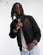 Asos Design Oversized Wool Mix Varsity Jacket With Embroidery In Black