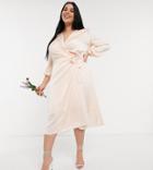Tfnc Plus Bridesmaid Satin Long Sleeve Wrap Front Midi Dress In Light Blush-white