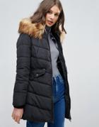 Only Sanna Long Quilted Jacket With Faux Fur Trim - Black