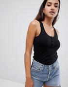 Asos Design Button Tank In Rib In Black - Black