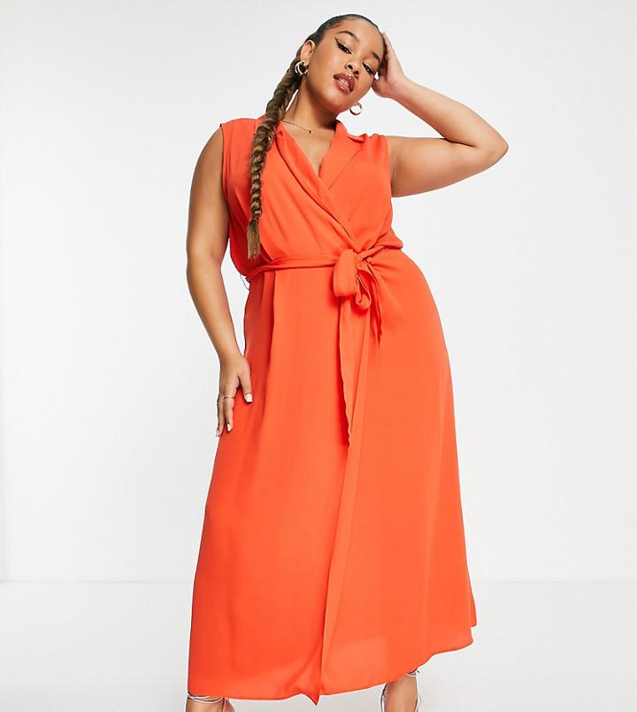Asos Design Curve Tie Front Sleeveless Collared Wrap Midi Dress Orange