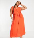 Asos Design Curve Tie Front Sleeveless Collared Wrap Midi Dress Orange