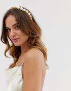 Asos Design Headband With Graduating Pearls In Gold Tone