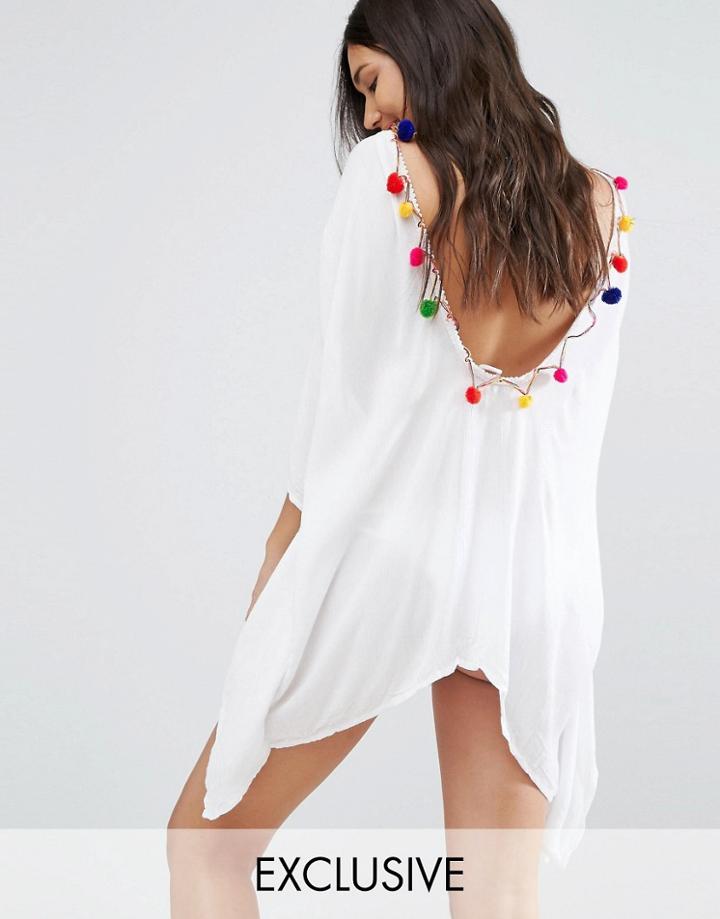 Akasa Pom Pom Trim Beach Caftan - White