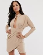 Asos Design Long Sleeve Wrap Shirt Mini Dress-beige