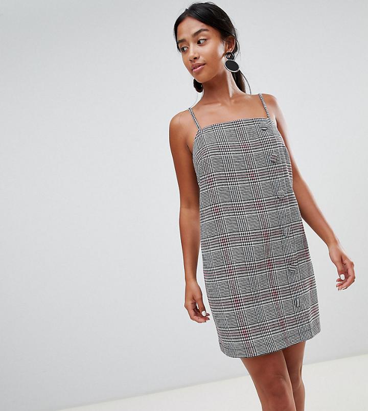 Asos Design Petite Square Neck Mini Dress With Buttons In Check - Multi