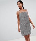 Asos Design Petite Square Neck Mini Dress With Buttons In Check - Multi