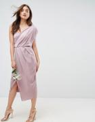 Asos Wedding One Shoulder Soft Midi Pencil Dress - Pink