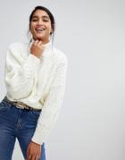 Asos Design Crop Cable Sweater With Volume Sleeve - Cream