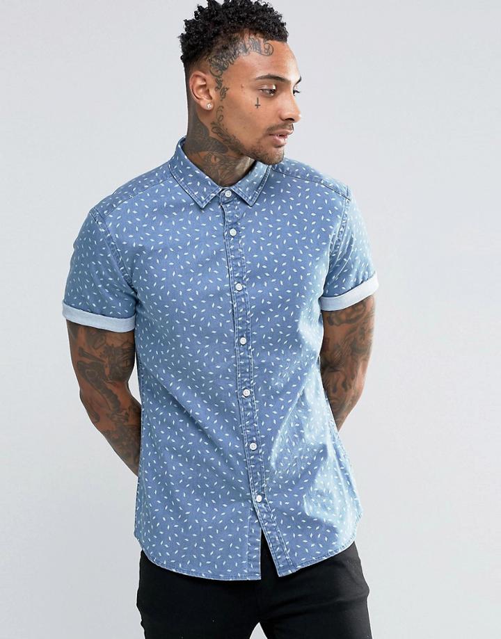 Asos Skinny Denim Shirt With Print In Mid Wash - Mid Wash
