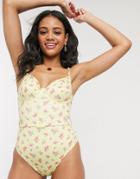 Asos Design Underwired Belted Swimsuit In Yellow Ditsy Floral Print-multi