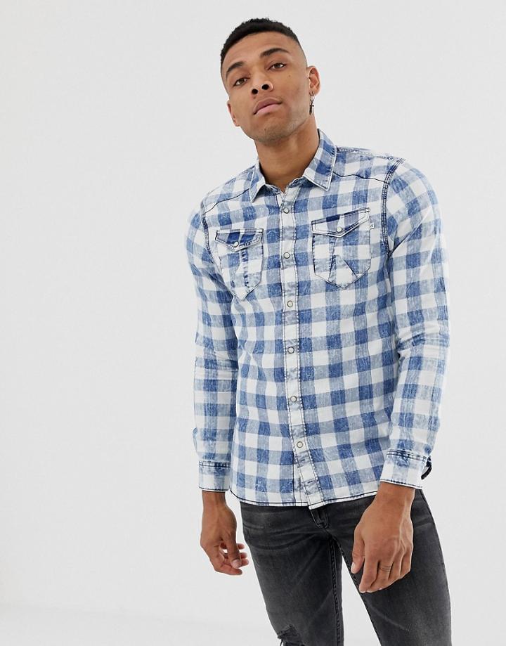 Chasin' Bleak Washed Out Check Denim Shirt In Blue - Blue