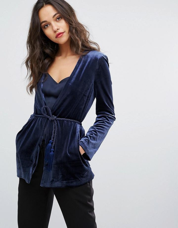 Vero Moda Velvet Tie Waist Jacket - Navy
