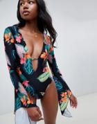 Asos Design Exotic Leaf Plunge Wide Sleeve Swimsuit - Multi