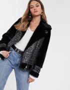 River Island Suedette Jacket With Faux Fur In Navy