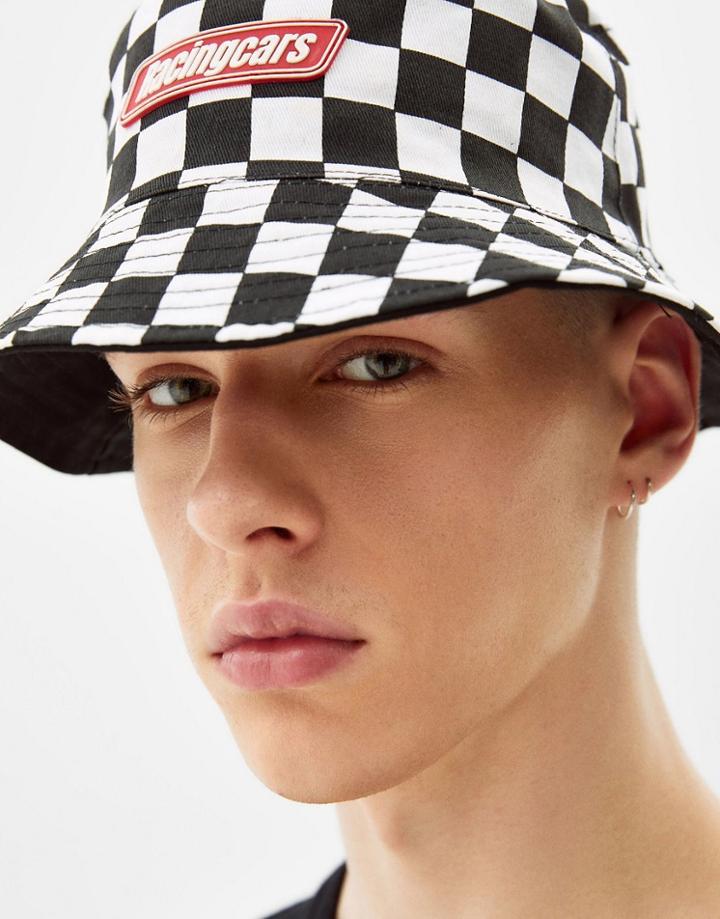 Bershka Reversible Bucket Hat In Checkerboard Print-black