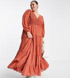 Asos Design Curve Shirred Wrap Tiered Skirt Maxi Dress In Rust-brown
