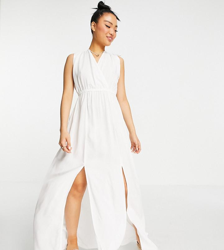 Asos Design Petite Recycled Gathered Detail Maxi Beach Dress In White