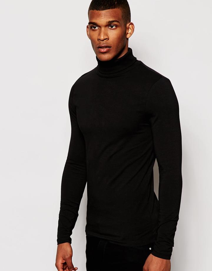 Asos Extreme Muscle Fit Long Sleeve T-shirt With Roll Neck And Stretch - Black