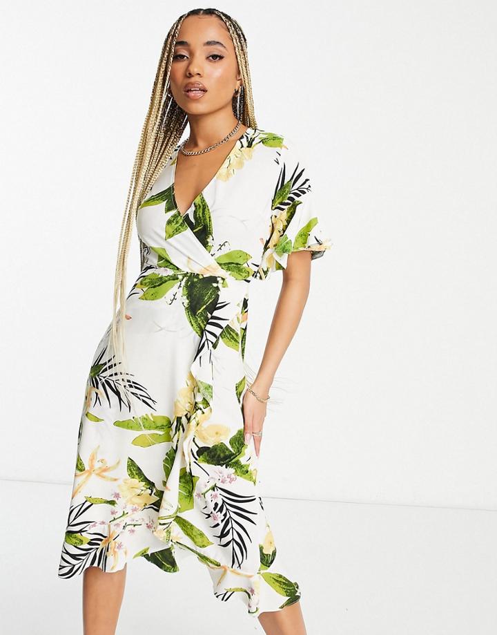 Ax Paris Flutter Sleeve Wrap Midi Dress In Floral-multi