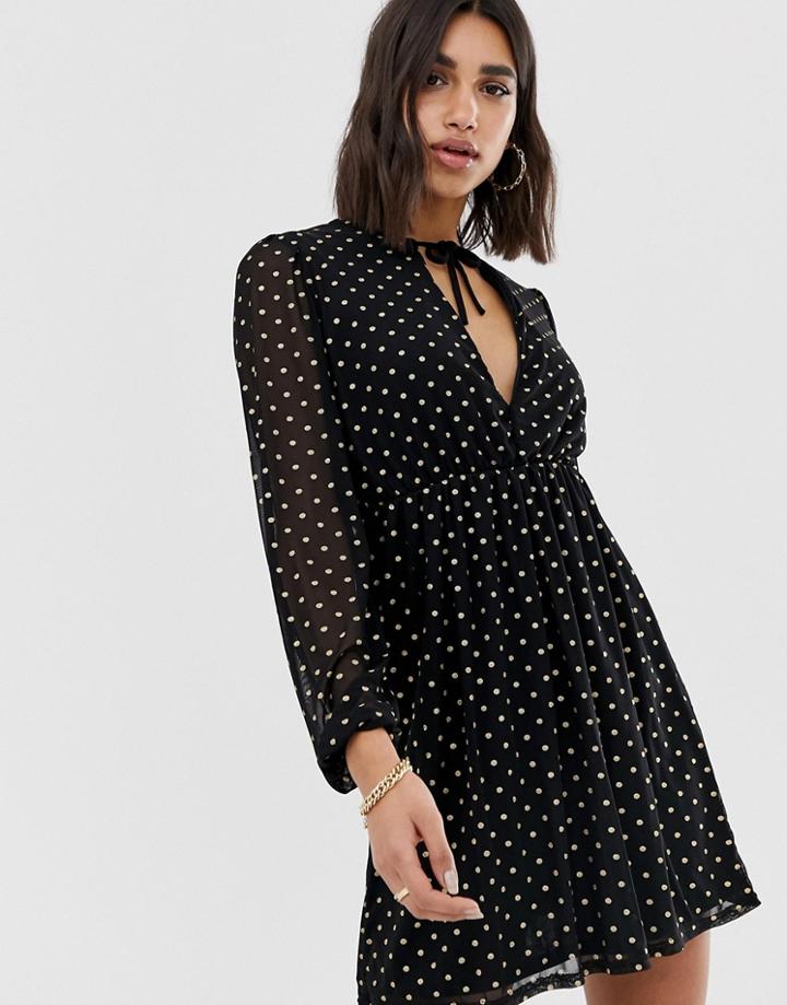 Prettylittlething Balloon Sleeve Mesh Skater Dress In Metallic Spot - Multi