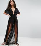 Asos Design Tall Shirred Waist Maxi Chiffon Beach Caftan-black