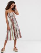 Asos Design Cami Button Through Midi Linen Sundress In Stripe-multi
