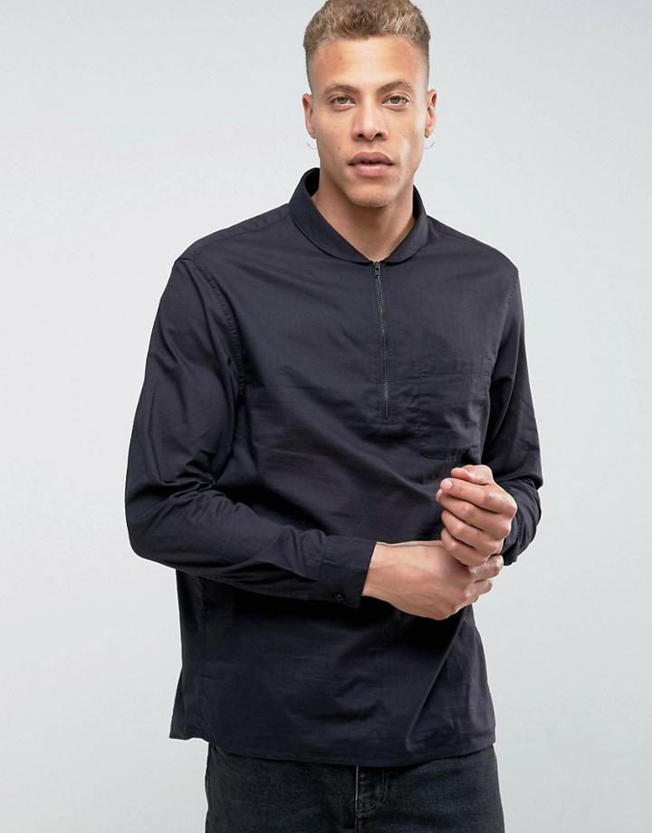 Kiomi Shirt With Half Zip Neck In Regular Fit - Black