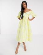 Asos Design Puff Sleeve Midi Dress In Floral Organza With Lace Up Back In Yellow