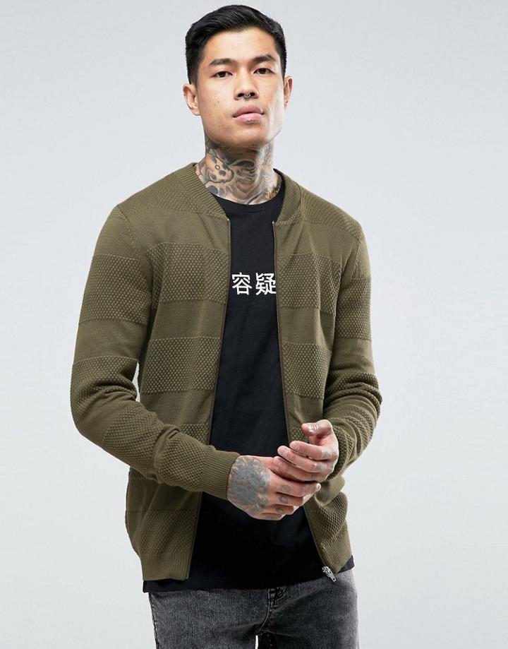 Asos Knitted Bomber Jacket With Textured Stripes In Muscle Fit - Green